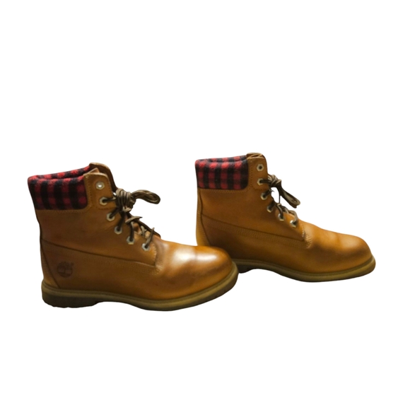 Timberland Brown Leather Boots with Red Plaid Collar - Picture 4 of 7